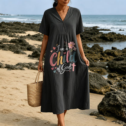 Christianartworkshop I Am a Child of God Floral & Heart V-Neck Short Sleeve Midi Dress