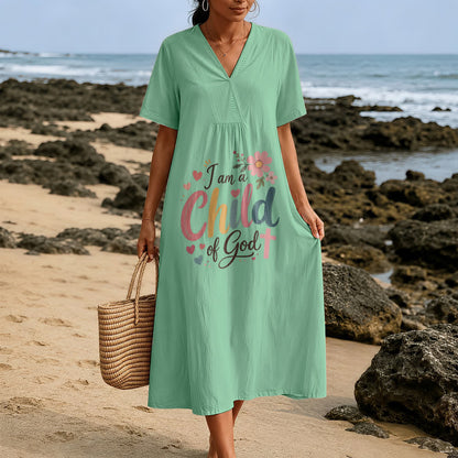 Christianartworkshop I Am a Child of God Floral & Heart V-Neck Short Sleeve Midi Dress