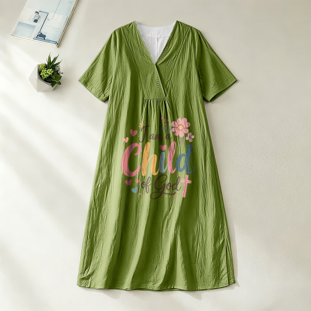Christianartworkshop I Am a Child of God Floral & Heart V-Neck Short Sleeve Midi Dress