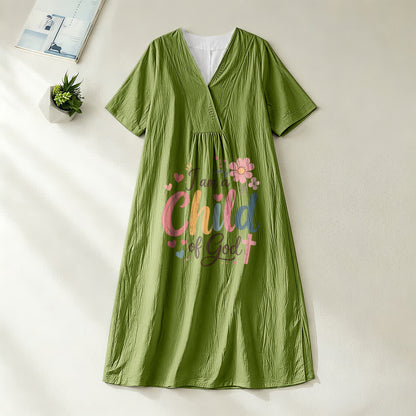 Christianartworkshop I Am a Child of God Floral & Heart V-Neck Short Sleeve Midi Dress
