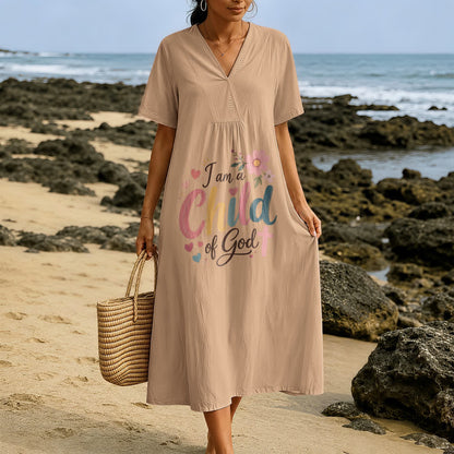 Christianartworkshop I Am a Child of God Floral & Heart V-Neck Short Sleeve Midi Dress