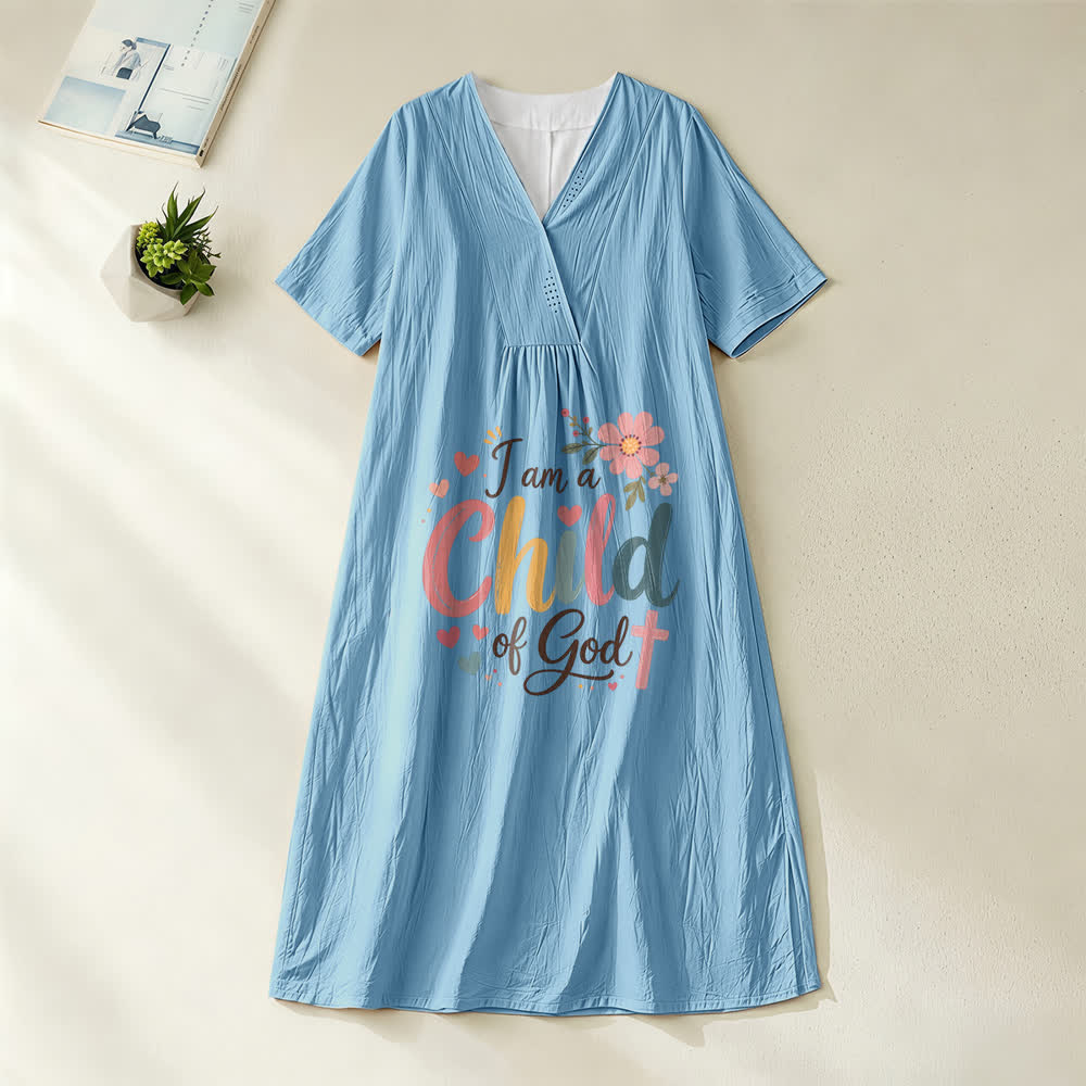 Christianartworkshop I Am a Child of God Floral & Heart V-Neck Short Sleeve Midi Dress