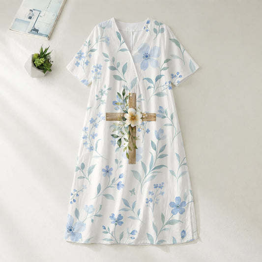 Christianartworkshop Floral Wood Cross Watercolor V-Neck Short Sleeve Midi Dress