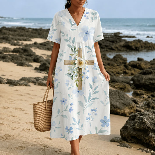 Christianartworkshop Floral Wood Cross Watercolor V-Neck Short Sleeve Midi Dress