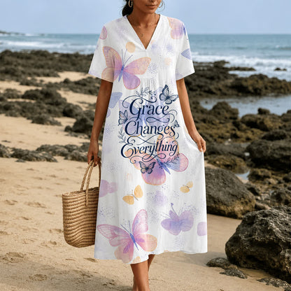 Christianartworkshop Grace Changes Everything Pastel Butterfly V-Neck Short Sleeve Midi Dress