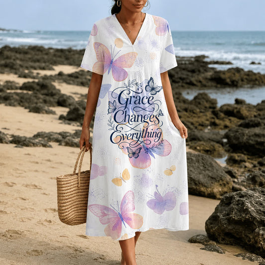 Christianartworkshop Grace Changes Everything Pastel Butterfly V-Neck Short Sleeve Midi Dress