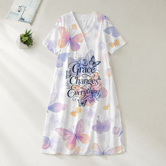 Christianartworkshop Grace Changes Everything Pastel Butterfly V-Neck Short Sleeve Midi Dress