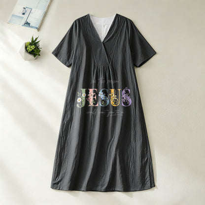 Christianartworkshop Be the Person Jesus Would Want You to Be Floral Jesus V-Neck Short Sleeve Midi Dress