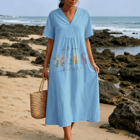 Christianartworkshop Be the Person Jesus Would Want You to Be Floral Jesus V-Neck Short Sleeve Midi Dress