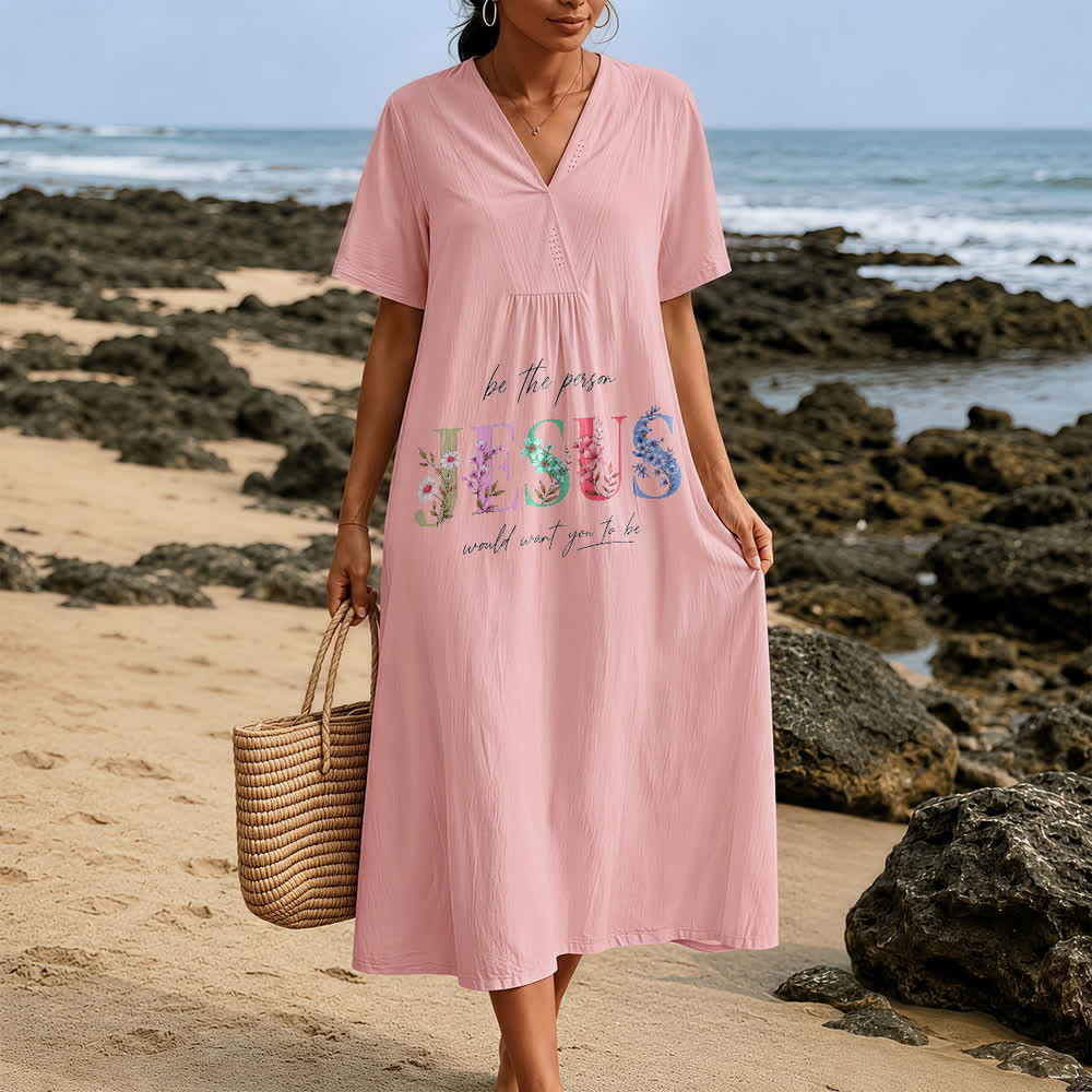 Christianartworkshop Be the Person Jesus Would Want You to Be Floral Jesus V-Neck Short Sleeve Midi Dress