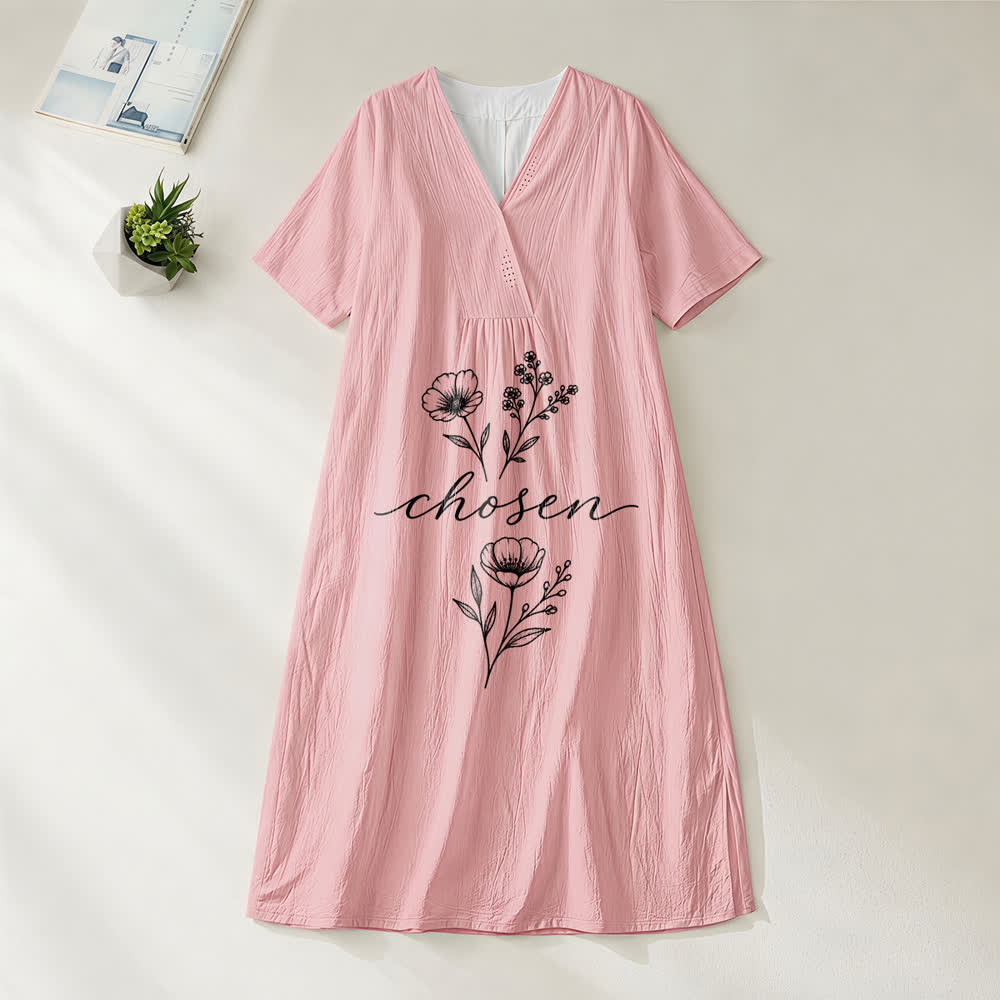 Christianartworkshop Inspirational Chosen Floral Accent V-Neck Short Sleeve Midi Dress