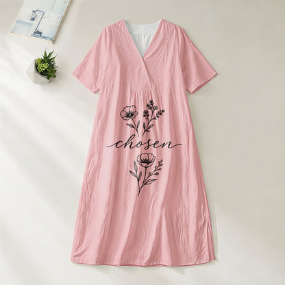 Christianartworkshop Inspirational Chosen Floral Accent V-Neck Short Sleeve Midi Dress