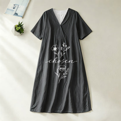 Christianartworkshop Inspirational Chosen Floral Accent V-Neck Short Sleeve Midi Dress