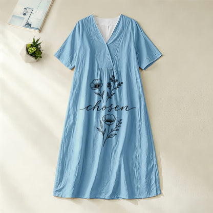 Christianartworkshop Inspirational Chosen Floral Accent V-Neck Short Sleeve Midi Dress