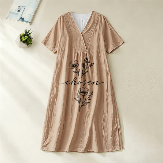 Christianartworkshop Inspirational Chosen Floral Accent V-Neck Short Sleeve Midi Dress