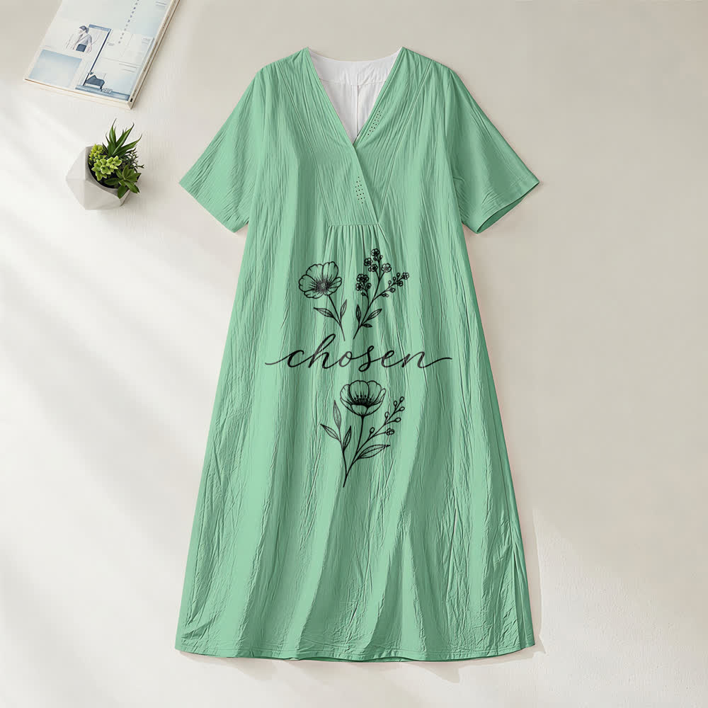 Christianartworkshop Inspirational Chosen Floral Accent V-Neck Short Sleeve Midi Dress