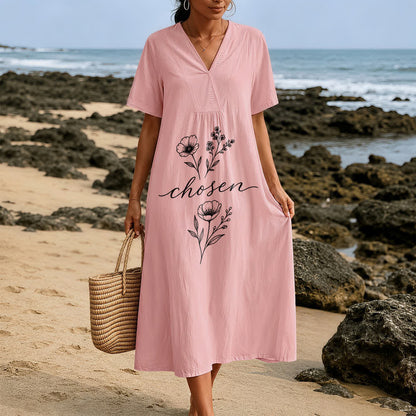 Christianartworkshop Inspirational Chosen Floral Accent V-Neck Short Sleeve Midi Dress