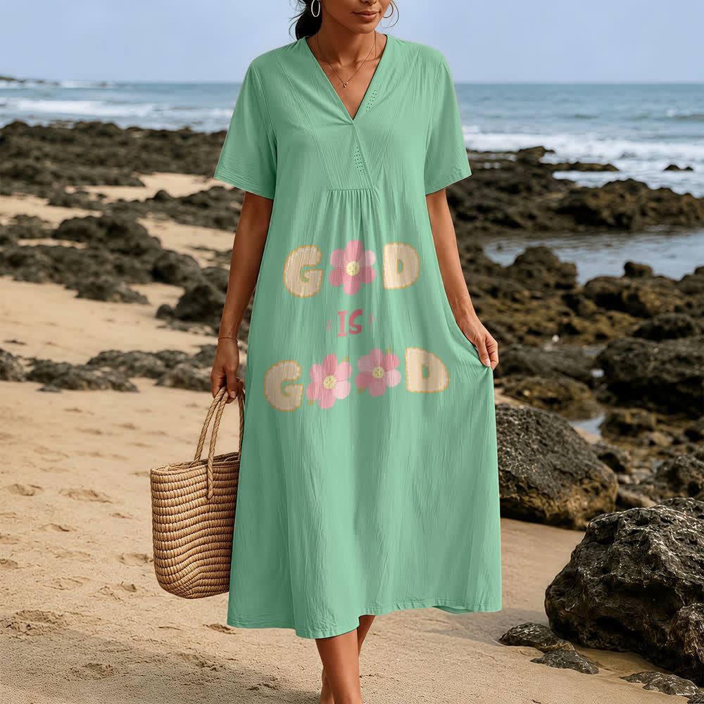Christianartworkshop Devotional “God Is Good” Floral Statement V-Neck Short Sleeve Midi Dress