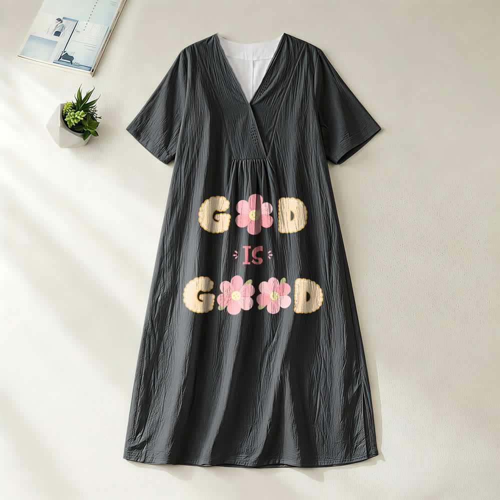 Christianartworkshop Devotional “God Is Good” Floral Statement V-Neck Short Sleeve Midi Dress