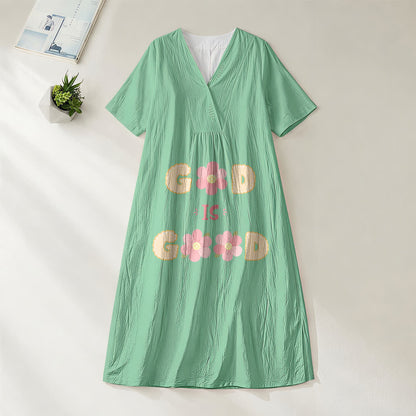 Christianartworkshop Devotional “God Is Good” Floral Statement V-Neck Short Sleeve Midi Dress