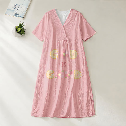 Christianartworkshop Devotional “God Is Good” Floral Statement V-Neck Short Sleeve Midi Dress