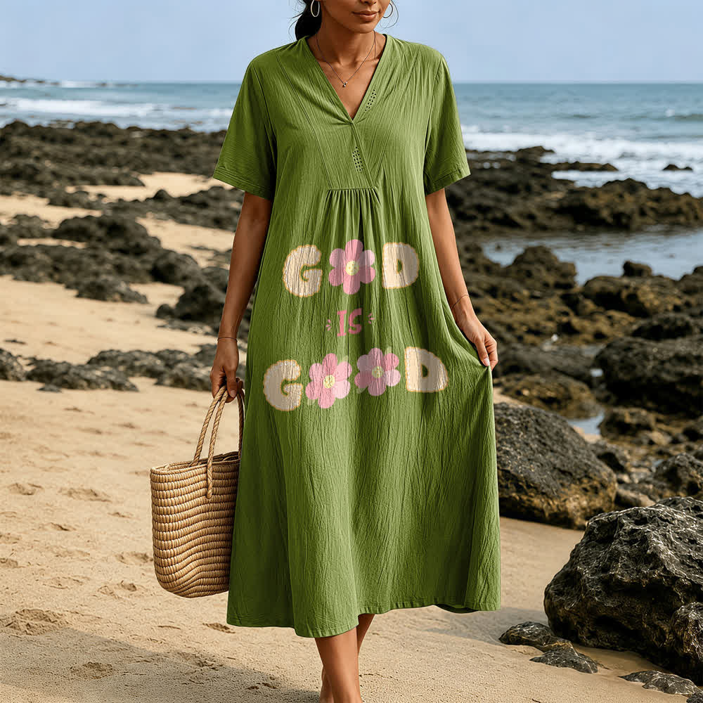 Christianartworkshop Devotional “God Is Good” Floral Statement V-Neck Short Sleeve Midi Dress