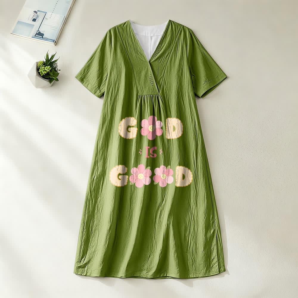 Christianartworkshop Devotional “God Is Good” Floral Statement V-Neck Short Sleeve Midi Dress