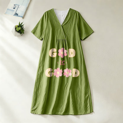 Christianartworkshop Devotional “God Is Good” Floral Statement V-Neck Short Sleeve Midi Dress