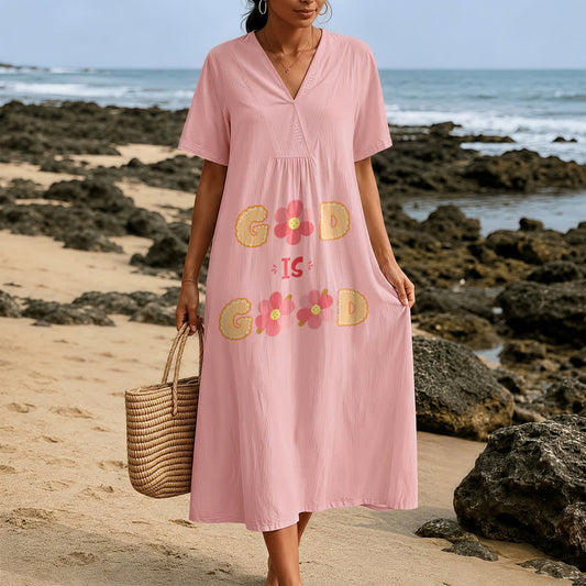 Christianartworkshop Devotional “God Is Good” Floral Statement V-Neck Short Sleeve Midi Dress