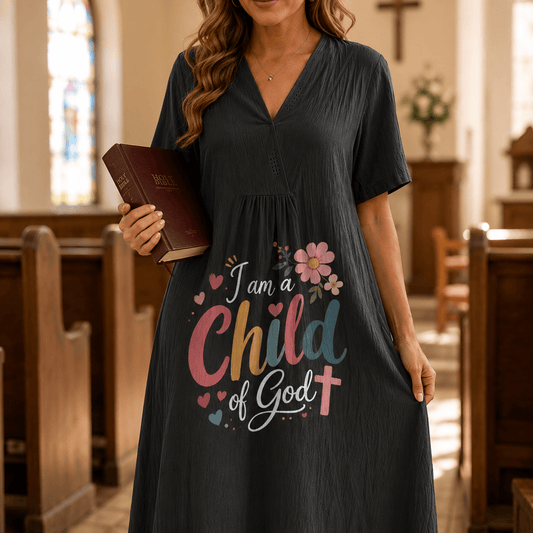 Christianartworkshop I Am a Child of God Floral & Heart V-Neck Short Sleeve Midi Dress