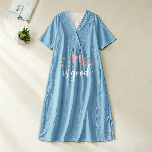 Christianartworkshop God Is Good All The Time Watercolor V-Neck Short Sleeve Midi Dress