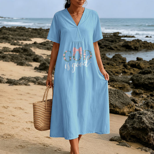Christianartworkshop God Is Good All The Time Watercolor V-Neck Short Sleeve Midi Dress