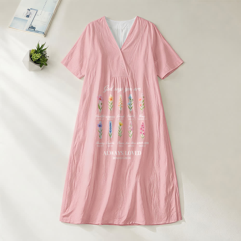 Christianartworkshop God Says You Are Always Loved Floral V-Neck Short Sleeve Midi Dress