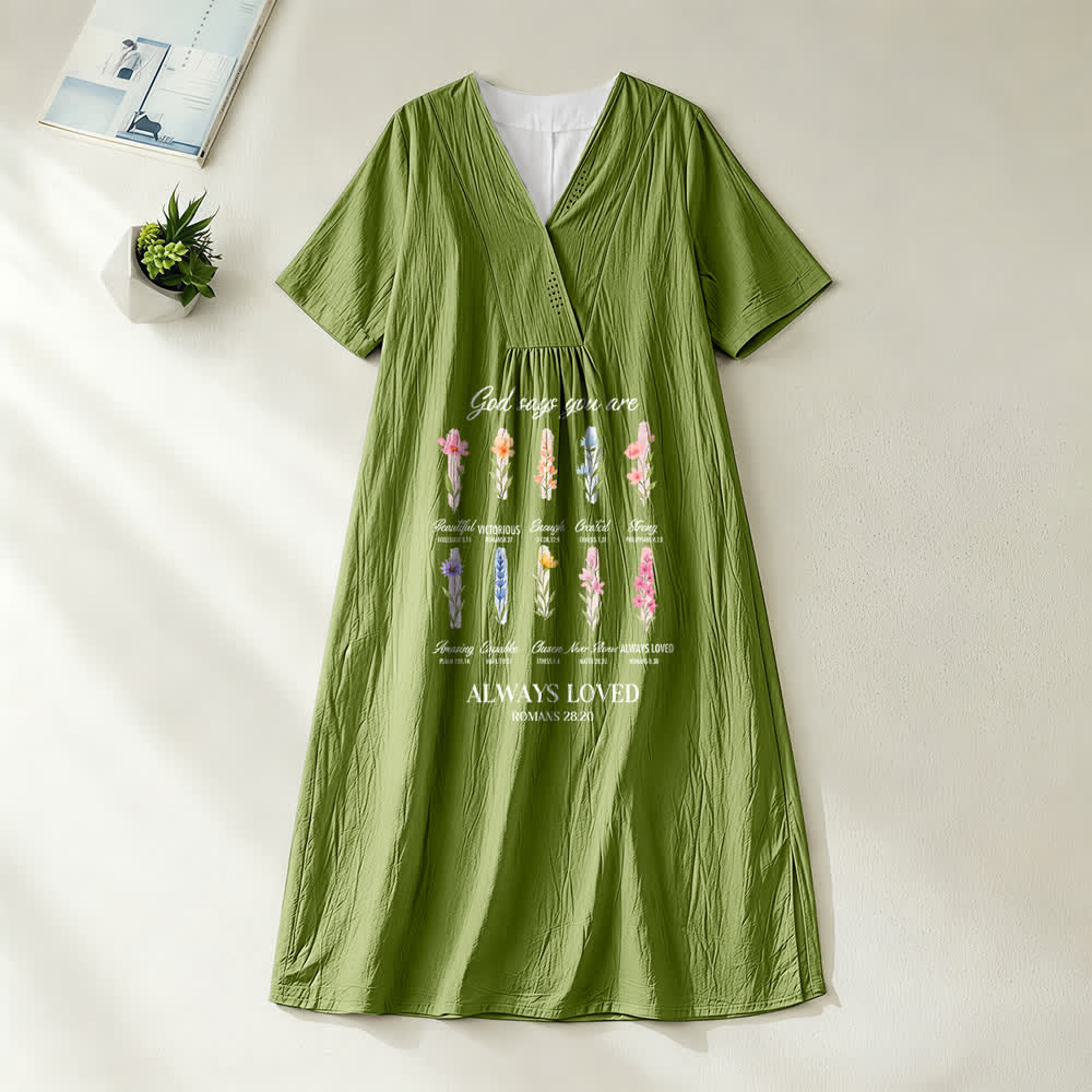 Christianartworkshop God Says You Are Always Loved Floral V-Neck Short Sleeve Midi Dress