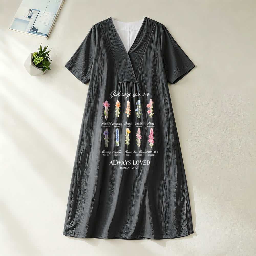 Christianartworkshop God Says You Are Always Loved Floral V-Neck Short Sleeve Midi Dress