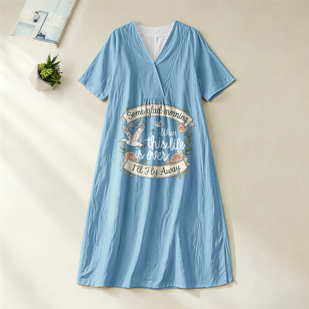 Christianartworkshop Some Glad Morning I'll Fly Away Floral Dove V-Neck Short Sleeve Midi Dress
