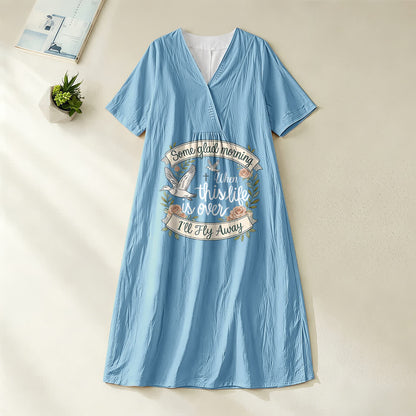 Christianartworkshop Some Glad Morning I'll Fly Away Floral Dove V-Neck Short Sleeve Midi Dress