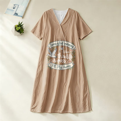 Christianartworkshop Some Glad Morning I'll Fly Away Floral Dove V-Neck Short Sleeve Midi Dress