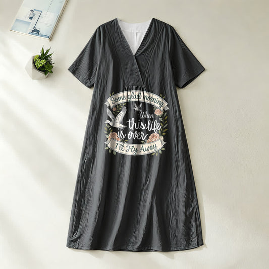 Christianartworkshop Some Glad Morning I'll Fly Away Floral Dove V-Neck Short Sleeve Midi Dress