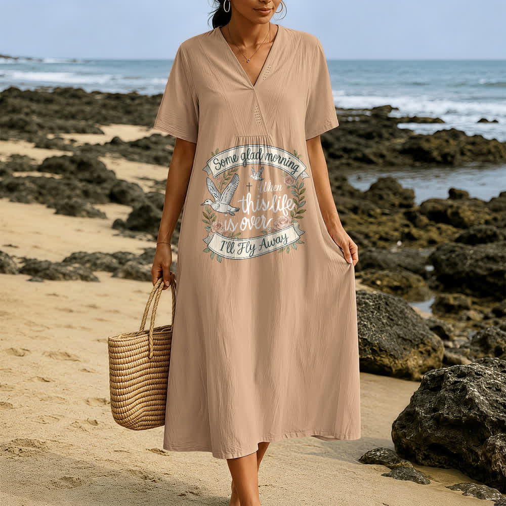 Christianartworkshop Some Glad Morning I'll Fly Away Floral Dove V-Neck Short Sleeve Midi Dress