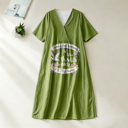 Christianartworkshop Some Glad Morning I'll Fly Away Floral Dove V-Neck Short Sleeve Midi Dress