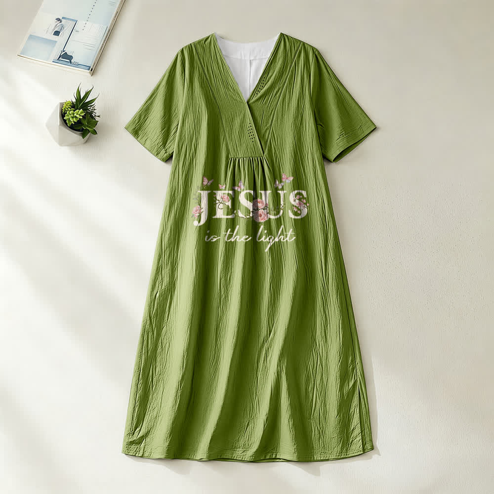 Christianartworkshop Jesus Is The Light Floral Butterfly V-Neck Short Sleeve Midi Dress