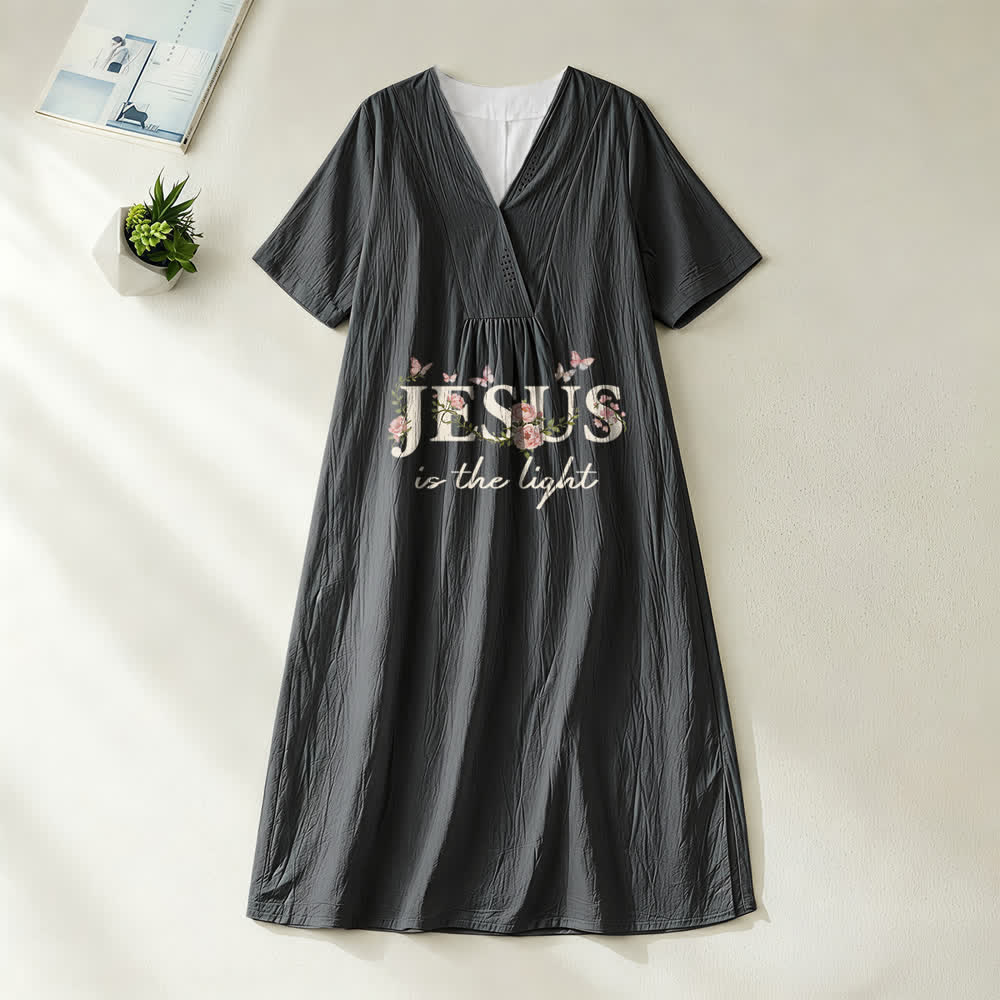 Christianartworkshop Jesus Is The Light Floral Butterfly V-Neck Short Sleeve Midi Dress