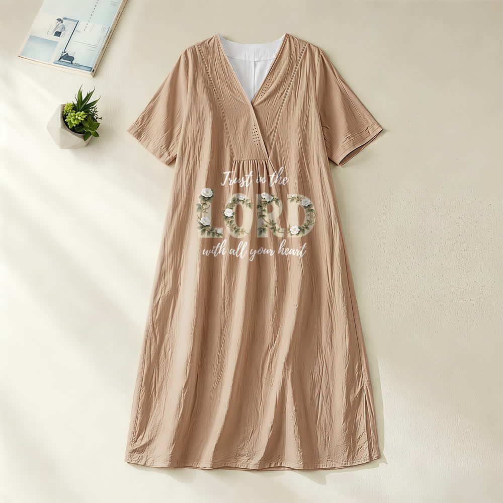 Christianartworkshop Trust In The Lord With All Your Heart Floral V-Neck Short Sleeve Midi Dress