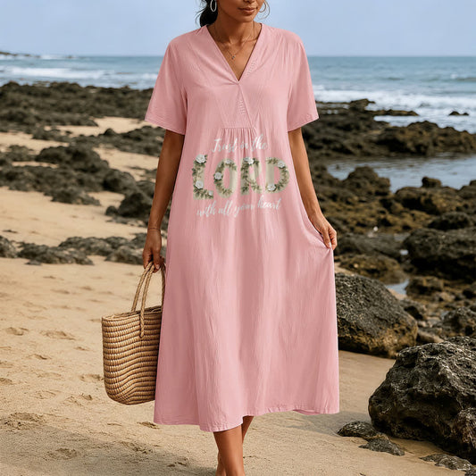 Christianartworkshop Trust In The Lord With All Your Heart Floral V-Neck Short Sleeve Midi Dress