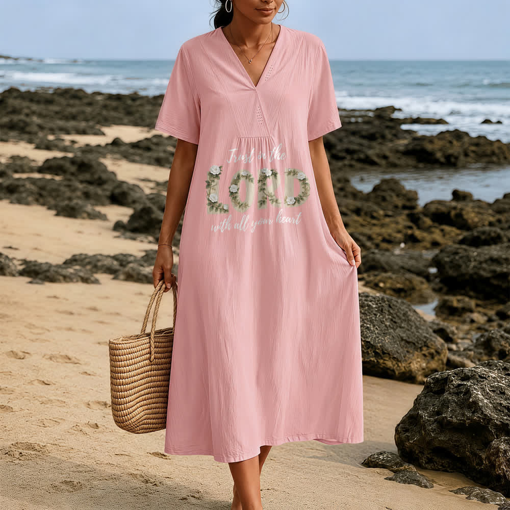 Christianartworkshop Trust In The Lord With All Your Heart Floral V-Neck Short Sleeve Midi Dress