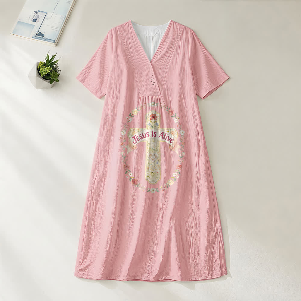 Christianartworkshop Jesus Is Alive Floral Cross V-Neck Short Sleeve Midi Dress