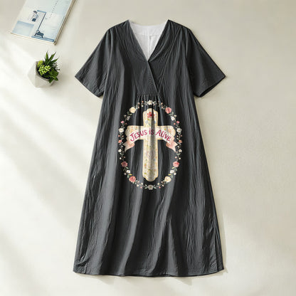 Christianartworkshop Jesus Is Alive Floral Cross V-Neck Short Sleeve Midi Dress