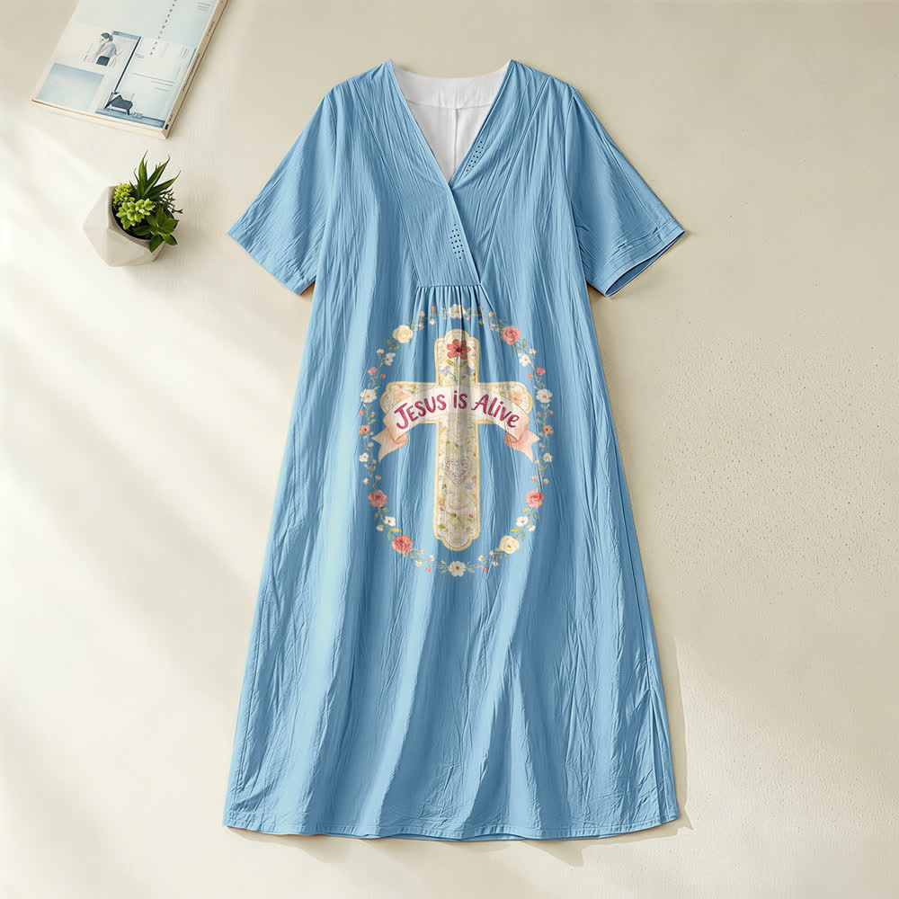 Christianartworkshop Jesus Is Alive Floral Cross V-Neck Short Sleeve Midi Dress