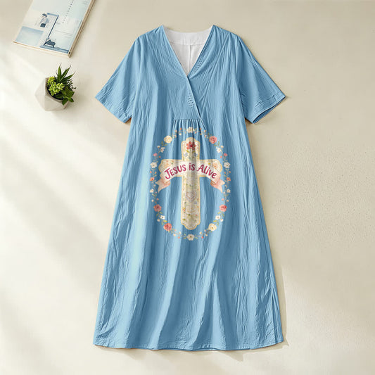Christianartworkshop Jesus Is Alive Floral Cross V-Neck Short Sleeve Midi Dress